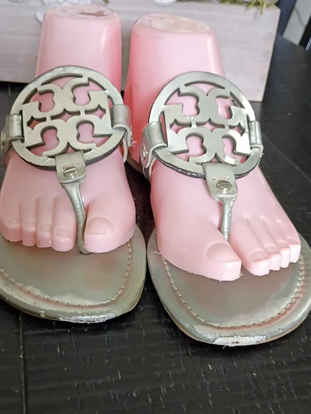 Tory Burch Miller Silver Logo Thong Sandals